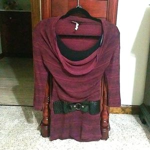 Small Woman's Marroon shirt/dress with accent belt in front